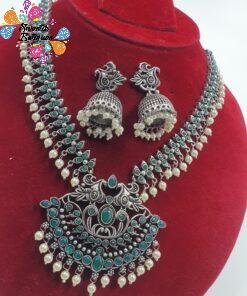 White Pearl With Peacock Designer Oxidised Necklace