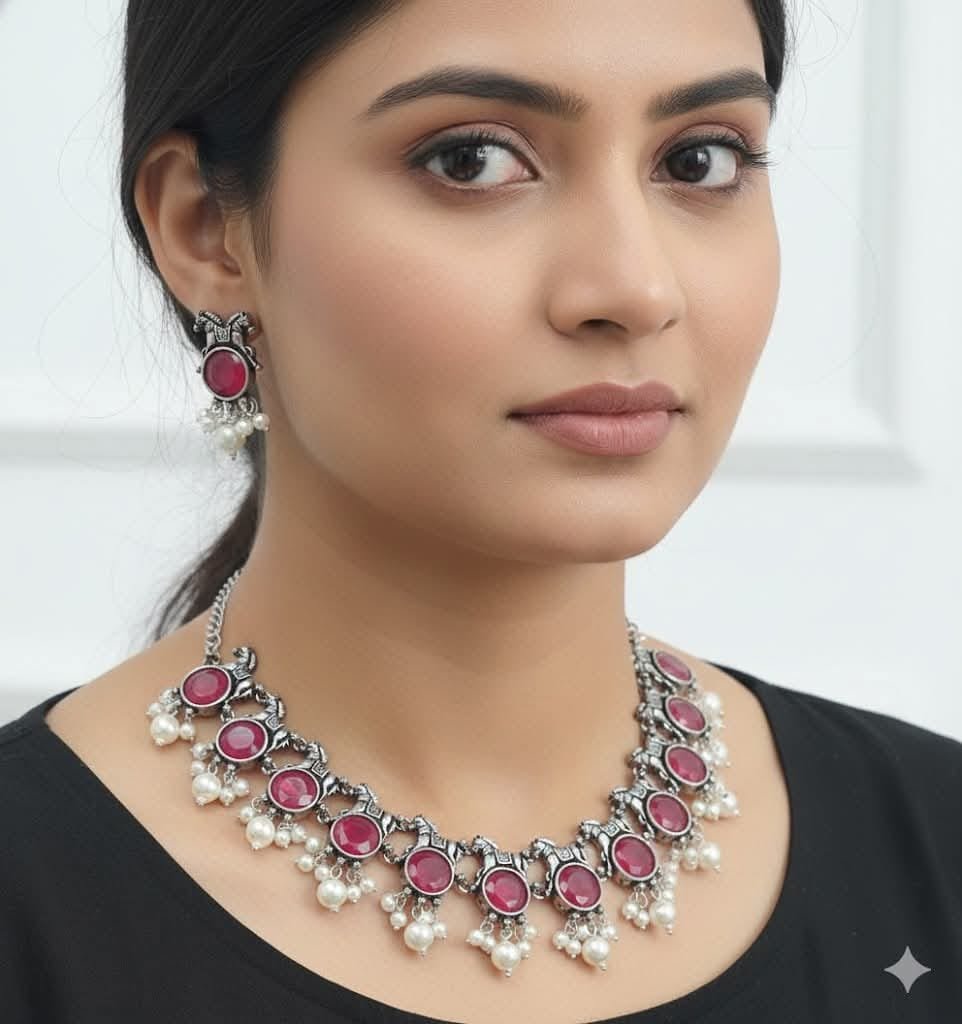 Dark Pink Designer Oxidised Necklace Dark Pink Designer Oxidised Necklace