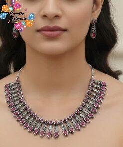 Pink Stone Designer Oxidised Necklace