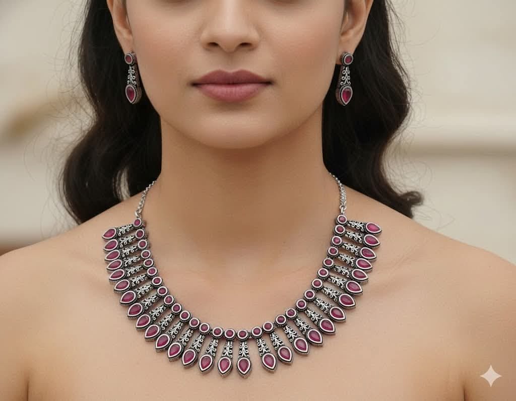 Pink Stone Designer Oxidised Necklace Pink Stone Designer Oxidised Necklace