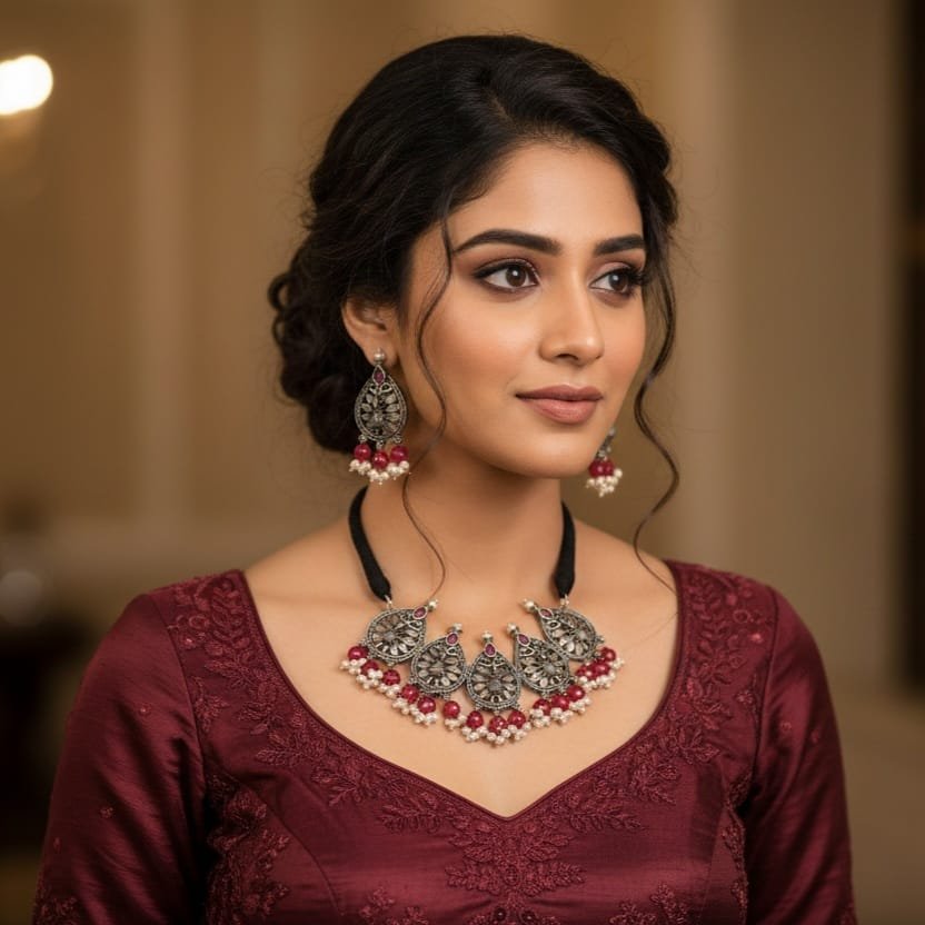 Red Peral Designer Oxidised Chocker Necklace Red Peral Designer Oxidised Chocker Necklace