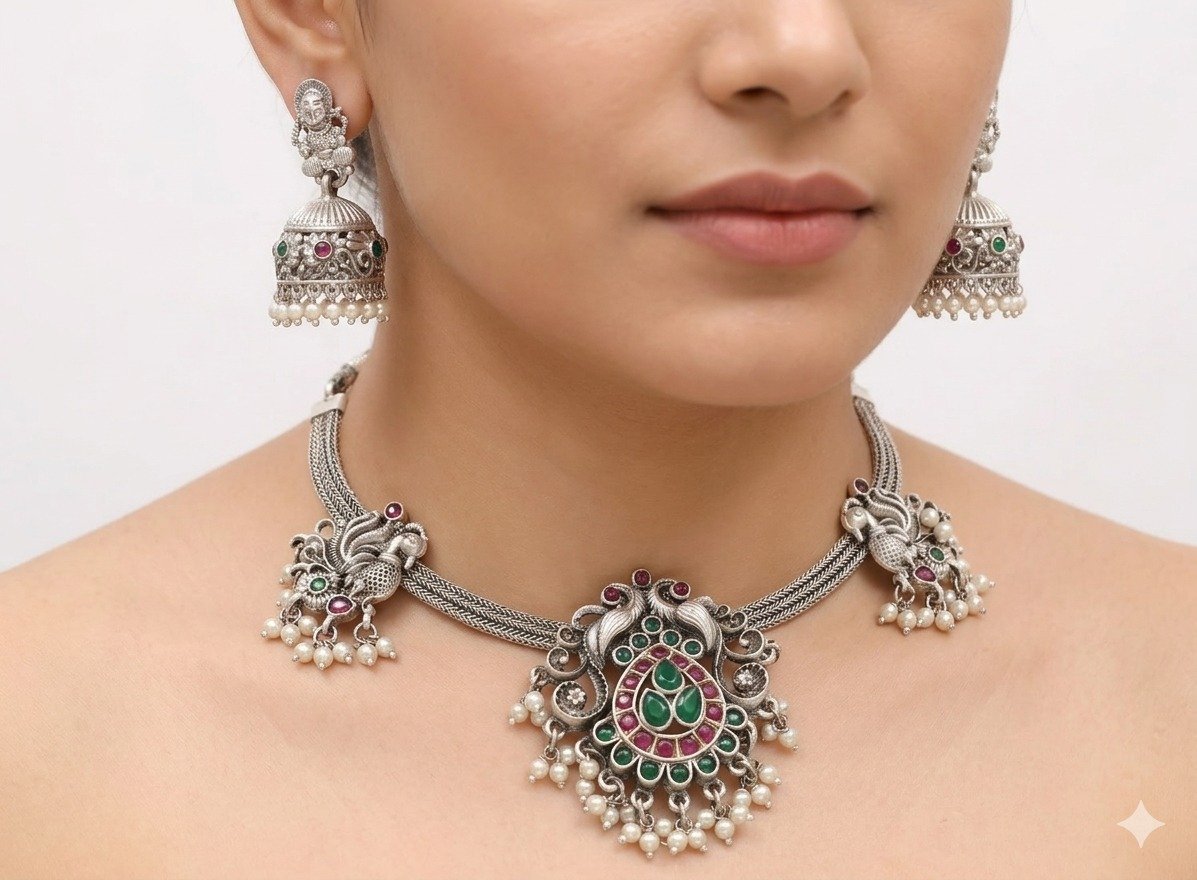 Peacock Designer Oxidised Matte Finished Necklace Peacock Designer Oxidised Matte Finished Necklace