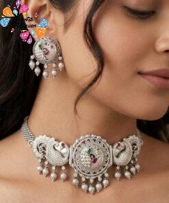 Peacock Designer  Matte Silver Chocker Necklace