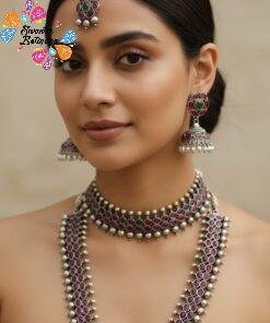 Pink Stone Designer Oxidised Matte Finished Semi Bridal Combo Set