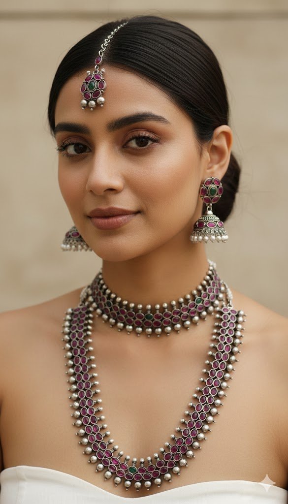 Pink Stone Designer Oxidised Matte Finished Semi Bridal Combo Set Pink Stone Designer Oxidised Matte Finished Semi Bridal Combo Set