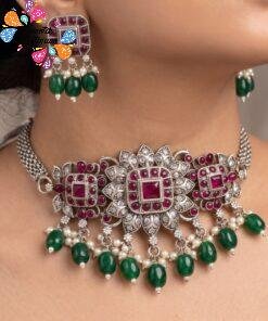 Green Pearl Designer Matte Silver Chocker Necklace