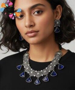 Blue Stone Designer Oxidised Chocker Necklace