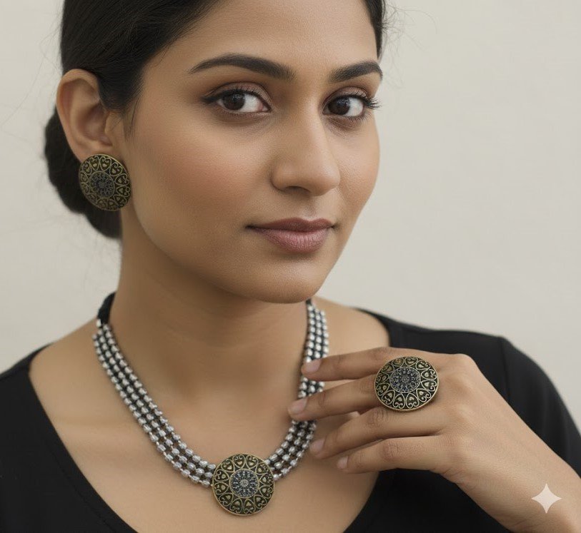 Silver And Gold Designer Oxidised Chocker Necklace Silver And Gold Designer Oxidised Chocker Necklace