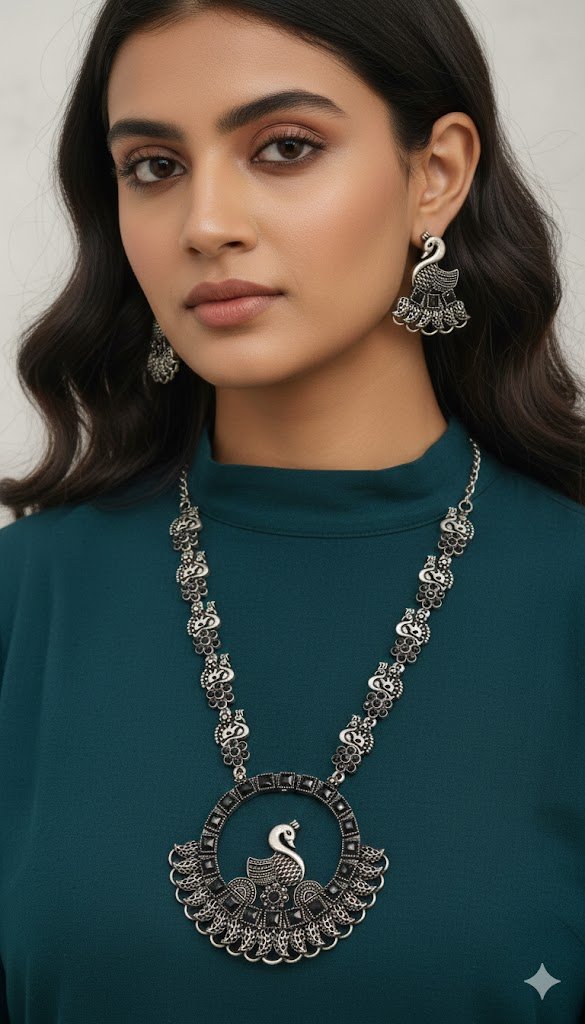 Black Stone With Peacock Designer Oxidised Necklace Black Stone With Peacock Designer Oxidised Necklace