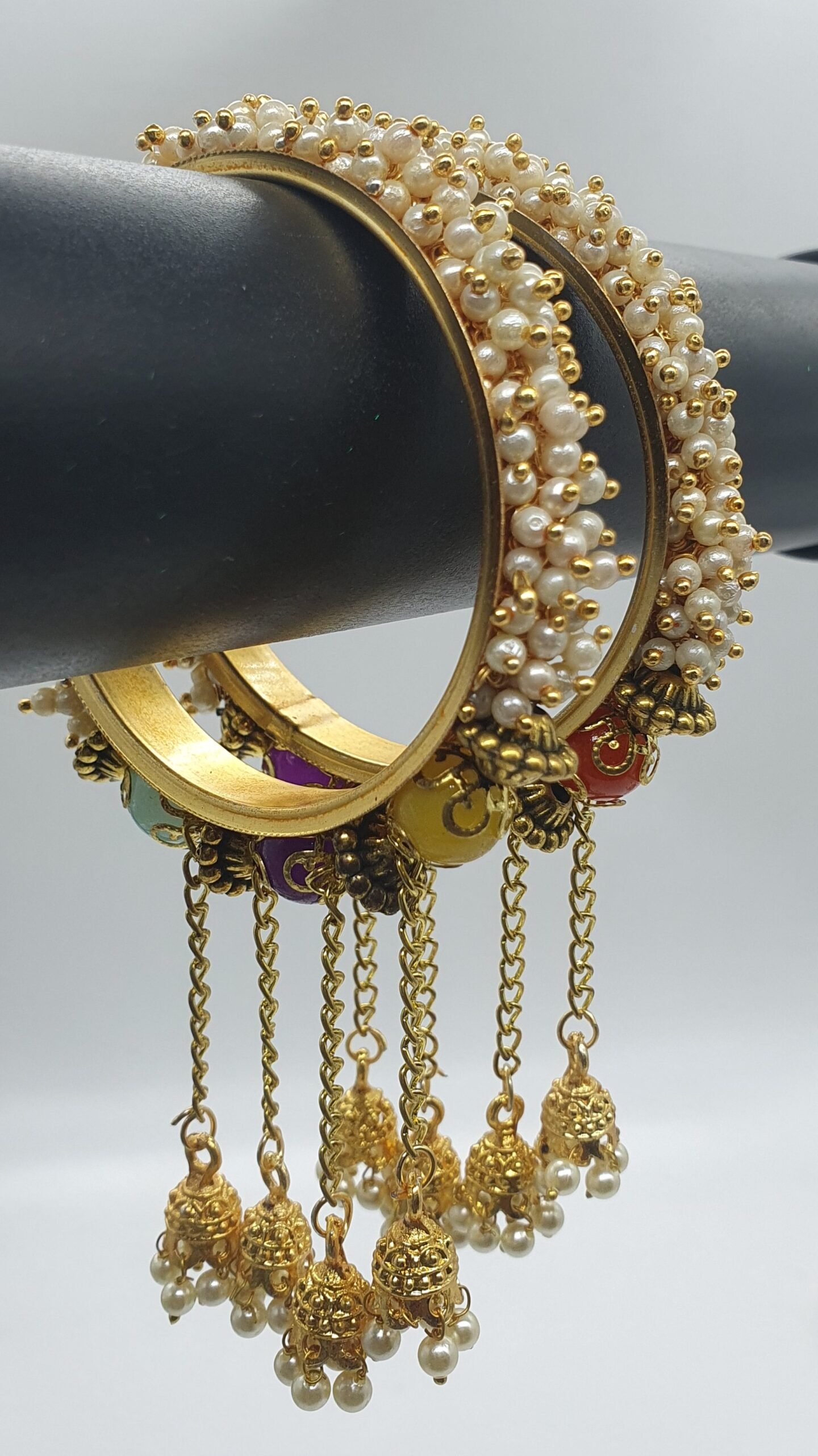 Pearl Oxidised Gold Bangles with Jhumkha Hangings