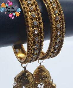 White Stone Oxidised Gold Bangles with Jhumkha Hangings