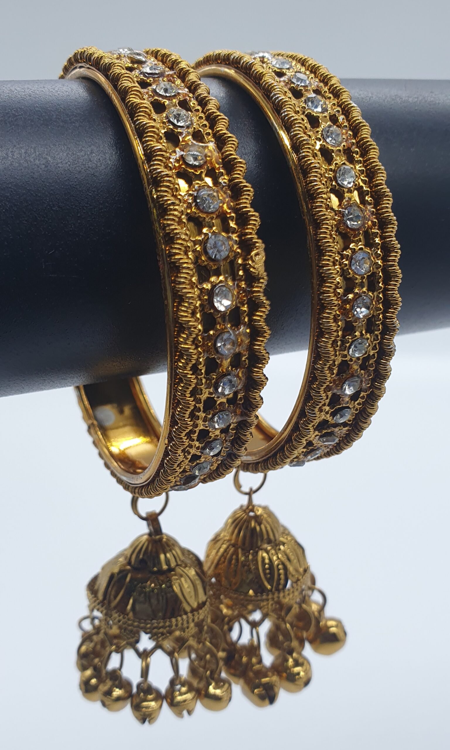 White Stone Oxidised Gold Bangles with Jhumkha Hangings