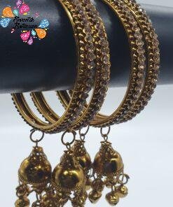 Gold Stone Oxidised Gold Bangles with Jhumkha Hangings
