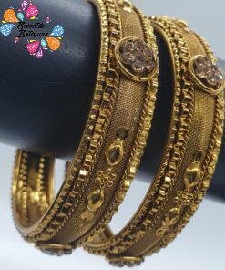 Flower Designer Gold Stone Oxidised Gold Bangles