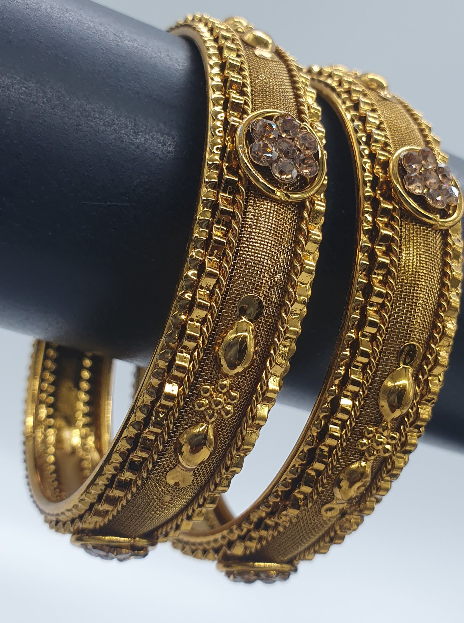 Flower Designer Gold Stone Oxidised Gold Bangles