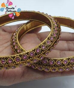 Pink Stone With Oxidised Gold Bangles