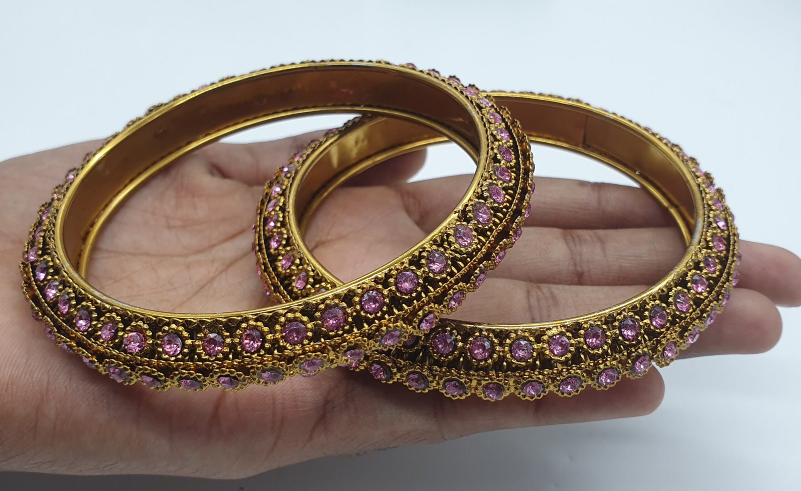 Pink Stone With Oxidised Gold Bangles Pink Stone With Oxidised Gold Bangles
