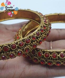 Red Stone With Oxidised Gold Bangles
