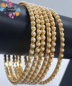 Gold & White Pearl with Oxidised Gold Bangles
