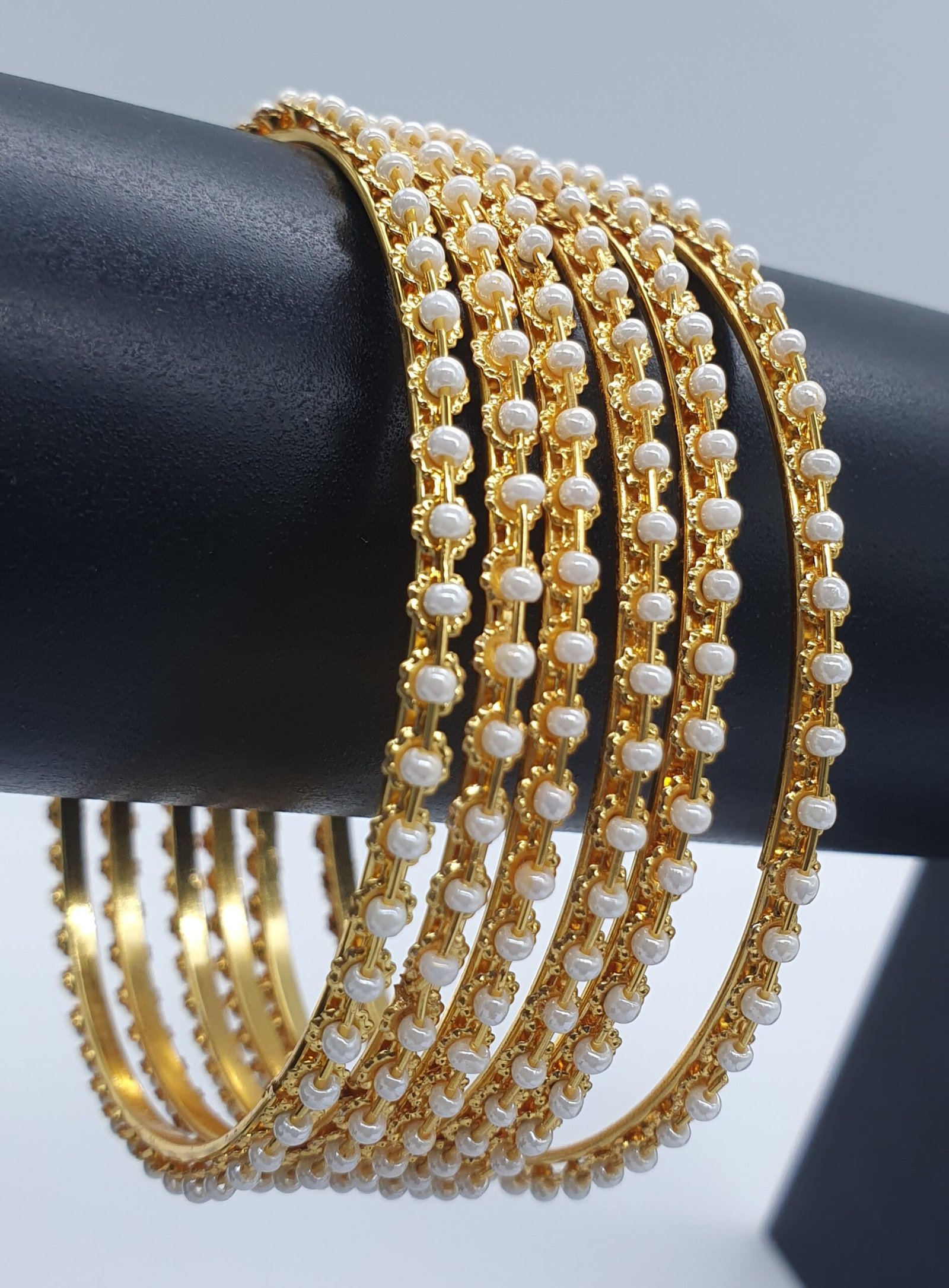 Gold & White Pearl with Oxidised Gold Bangles