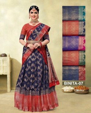 Dark Green With Red and Gold Colour Banaras Half Saree - Image 3