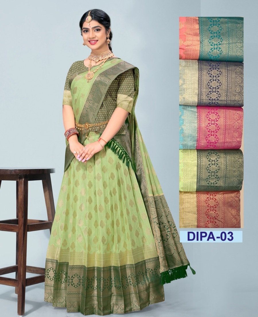 Sky Blue With Pink and Gold Colour Banaras Half Saree - Image 3