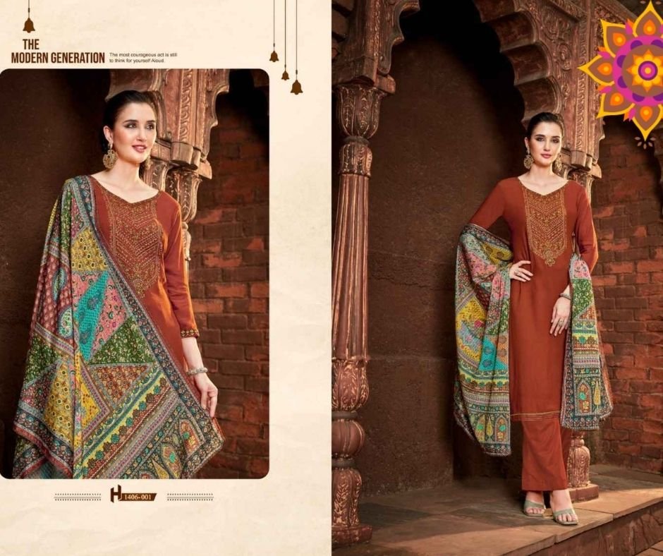 Dark Brown Colour Fancy Swaroski Work Unstitch Salwar Kameez With Cotton Digital Print Dupatta