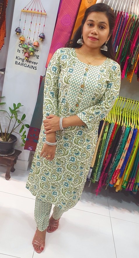 Green and Blue Colour Casual Women Kurthi Top With Pant