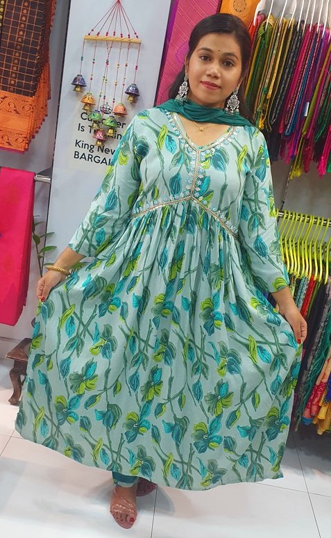 Blue and Green Colour Mixed Alya Cut Kurthi Blue and Green Colour Mixed Alya Cut Kurthi - Image 2