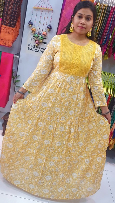 White and Lime Yellow Embroidery Frock Style Kurthi - Image 2