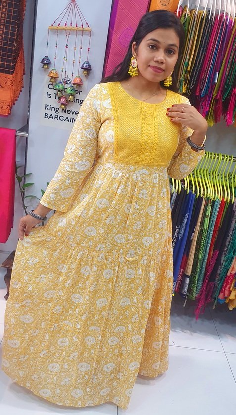 White and Lime Yellow Embroidery Frock Style Kurthi