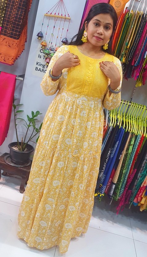 White and Lime Yellow Embroidery Frock Style Kurthi - Image 5