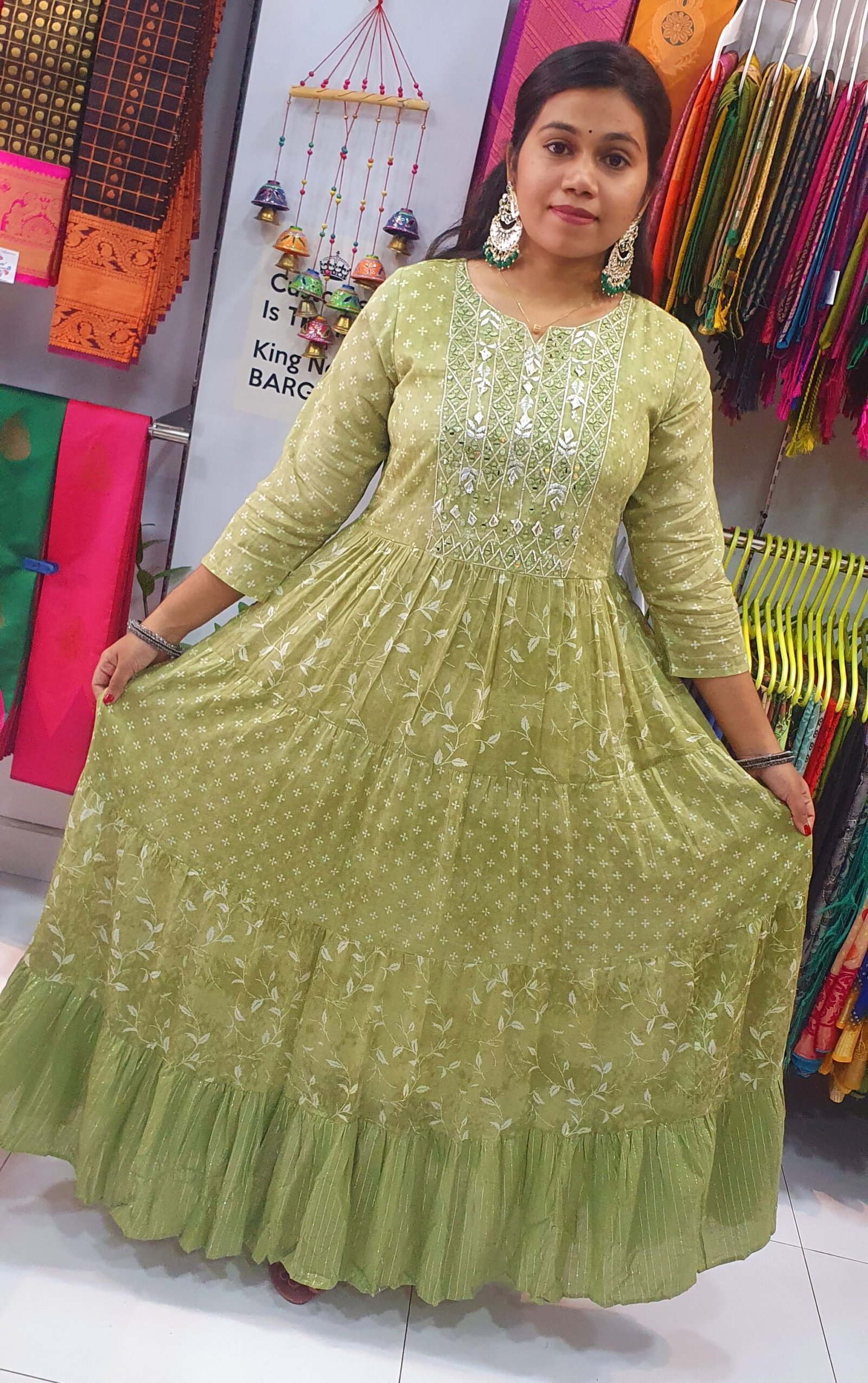 White and Dark Green Embroidery Frock Style Kurthi - Image 2