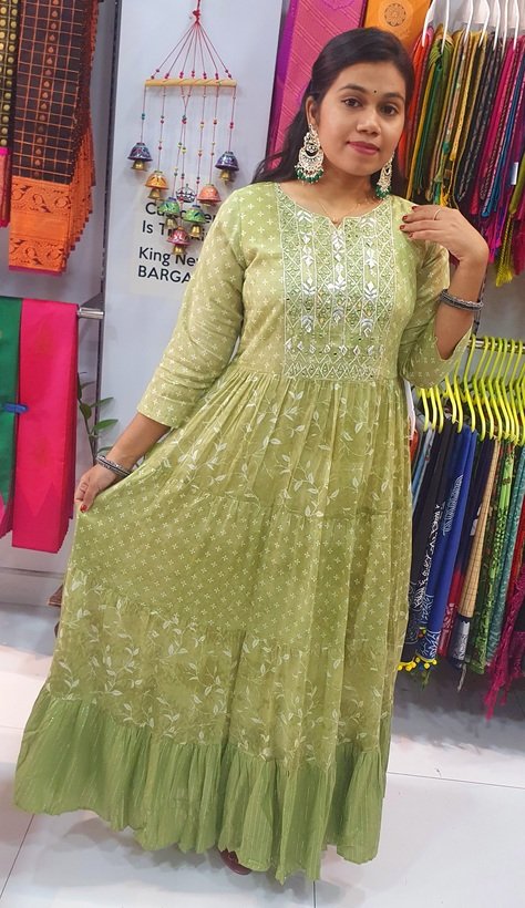 White and Dark Green Embroidery Frock Style Kurthi