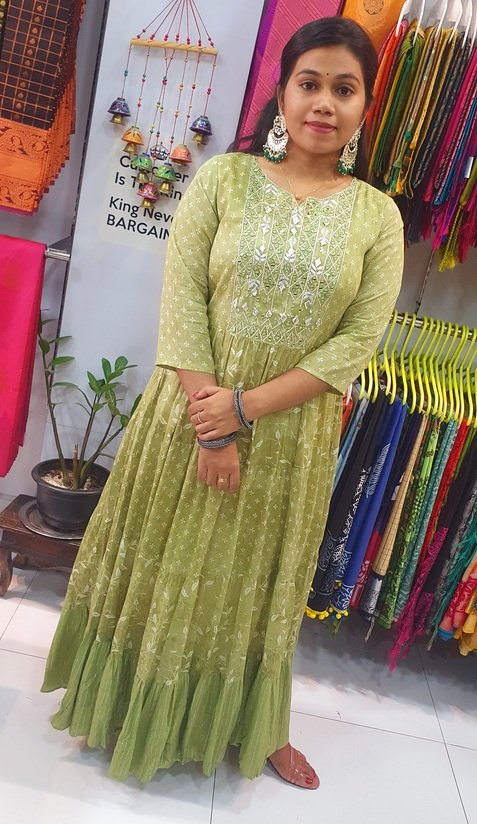 White and Dark Green Embroidery Frock Style Kurthi - Image 5