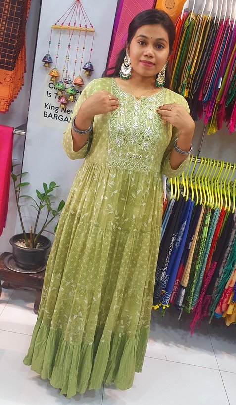 White and Dark Green Embroidery Frock Style Kurthi - Image 4