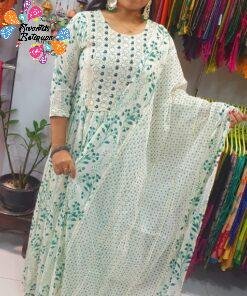 Off White and Dark Green Embroidery Frock Style Kurthi