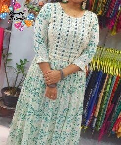 Off White and Dark Green Embroidery Frock Style Kurthi