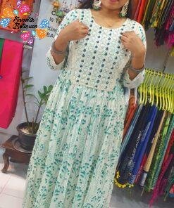 Off White and Dark Green Embroidery Frock Style Kurthi