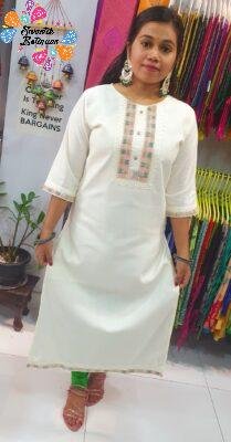 White Colour Embroidery Side Open Kurthi