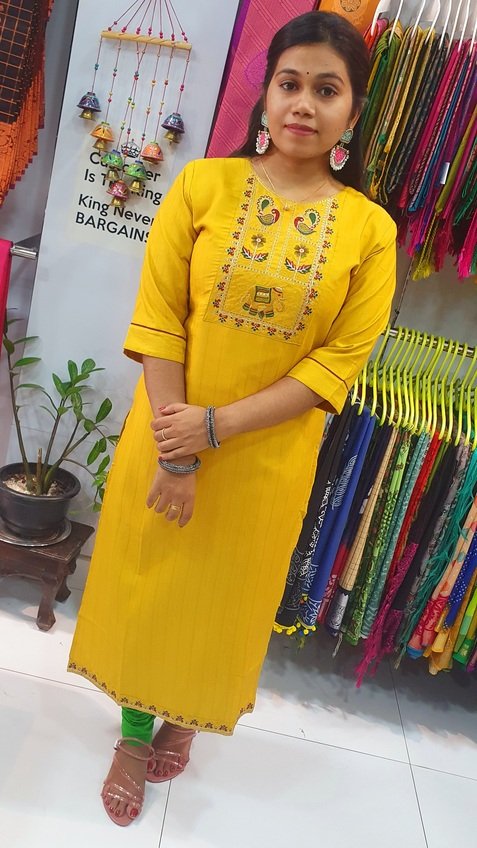 Yellow Colour Embroidery Side Open Kurthi - Image 3