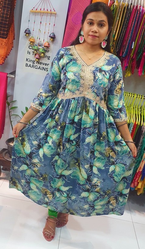 Green and Blue Colour Mixed Alya Cut Kurthi - Image 5