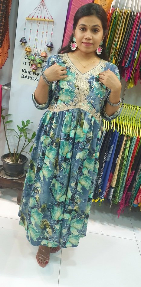 Green and Blue Colour Mixed Alya Cut Kurthi
