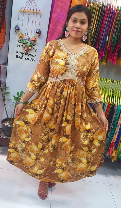 Yellow and Brown Colour Mixed Alya Cut Kurthi - Image 5