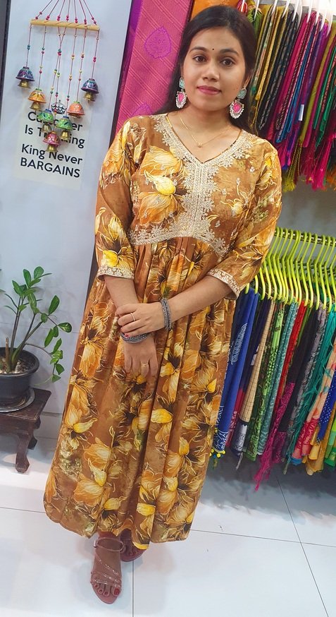 Yellow and Brown Colour Mixed Alya Cut Kurthi