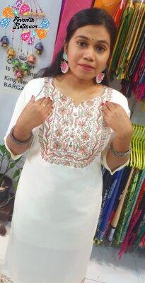 White Colour Embroidery Side Open Kurthi