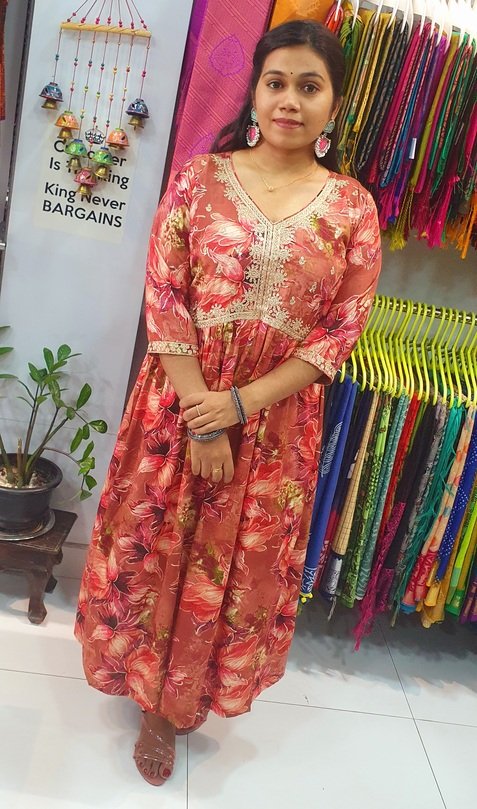 Pink and Red Colour Mixed Alya Cut Kurthi