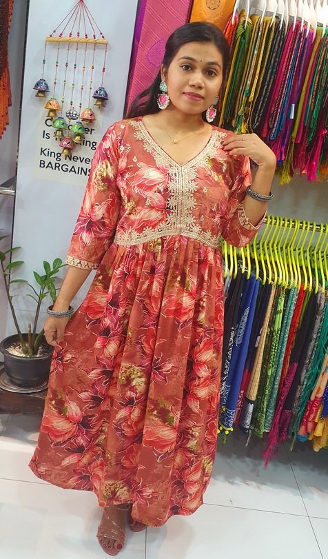 Pink and Red Colour Mixed Alya Cut Kurthi - Image 5