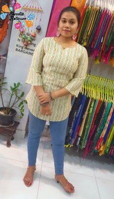 Green and White Colour Short Kurthi