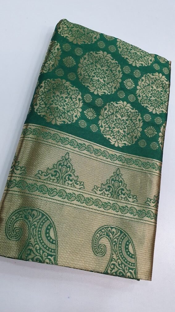 Green and Gold Colour Chakra Designer Banarasi Silk Saree - Image 3